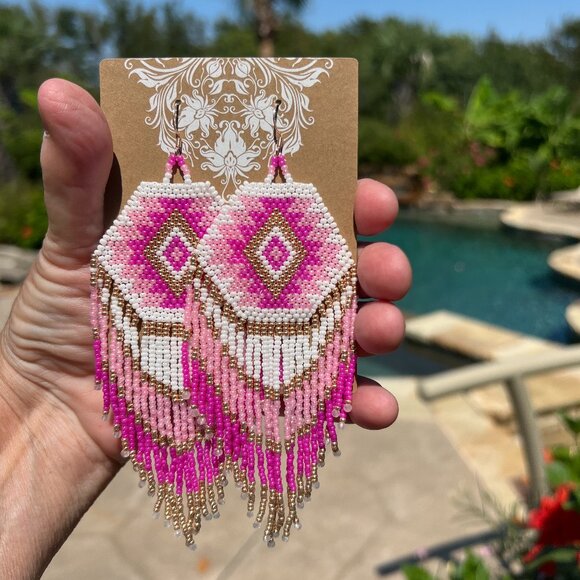 Handmade Beaded Native American Style Long & Large Fringe Dangle Drop Earrings - Picture 3 of 9